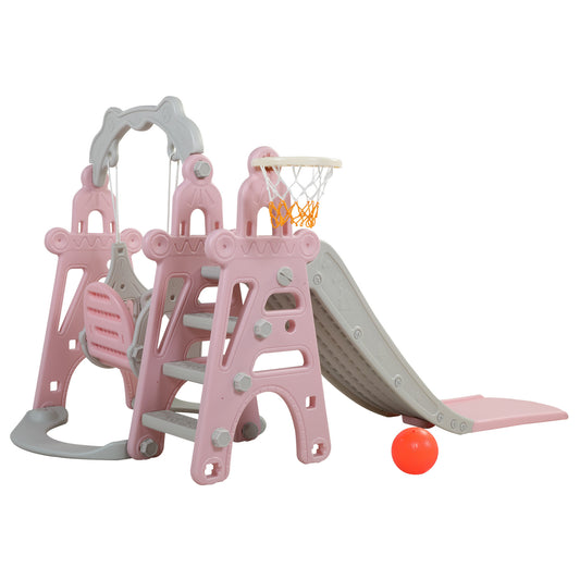 Kids Swing and Slide Set 3-in-1 Slide with Basketball Hoop for Indoor and Outdoor Activity Center, Pink+Gray