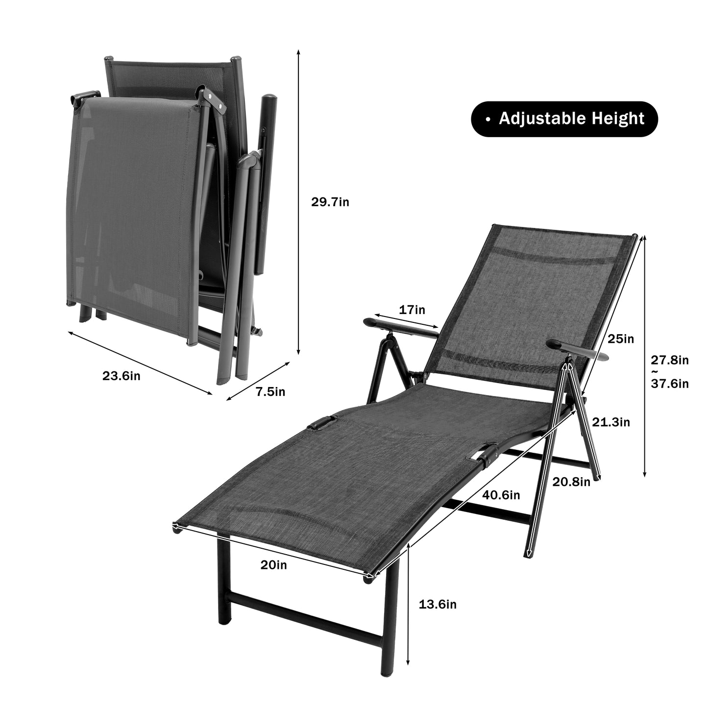 Textilene Outdoor Lounge Chaise Folding Reclining Chair with Adjustable Back1 piece