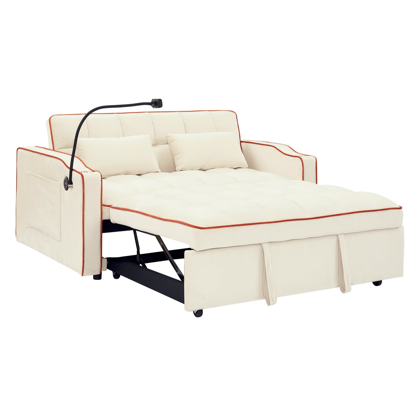 55.51 inch versatile foldable sofa bed in 3 lengths, modern sofa sofa sofa velvet pull-out bed, adjustable back and with USB port and ashtray and swivel phone stand (Beige)