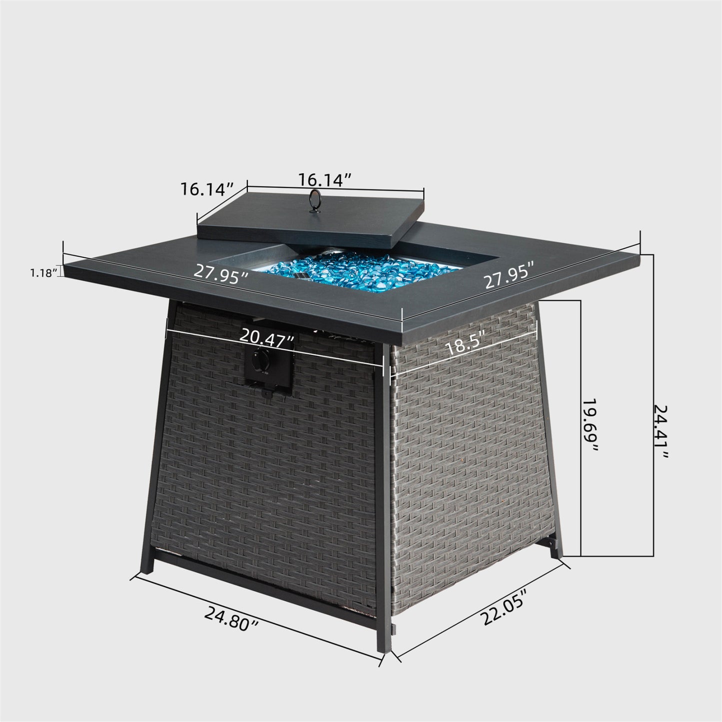 28 Inch Propane Fire Pits Table with Blue Glass Ball,50,000 BTU Outdoor Wicker Fire Table with ETL-Certified,2-in-1 Square Steel Gas Firepits (Dark Gray)