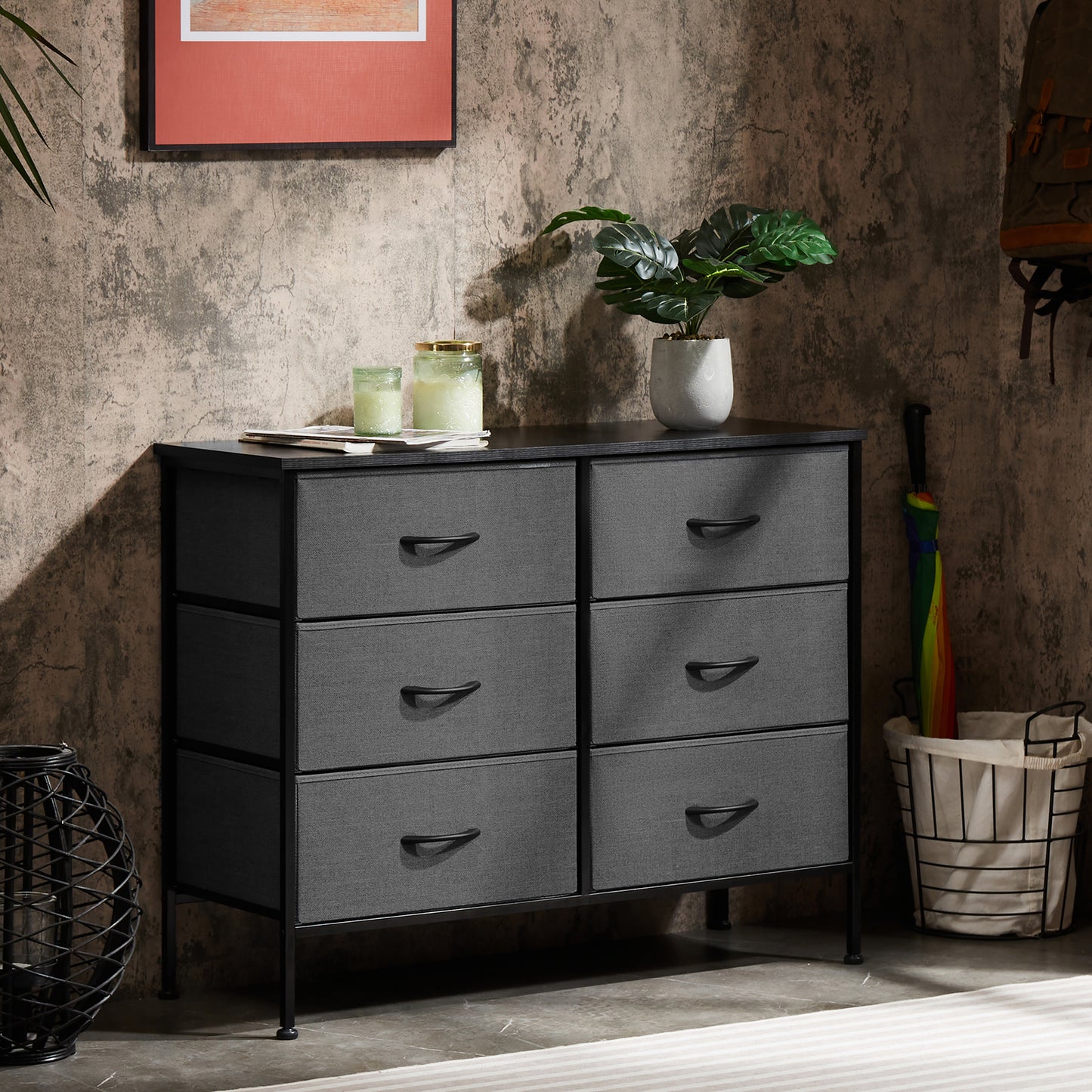 Sweetcrispy Dresser for Bedroom 6 Drawers Wide Fabric Storage Units Chest of Drawers for Bedroom with Metal Frame and Wooden Top for TV