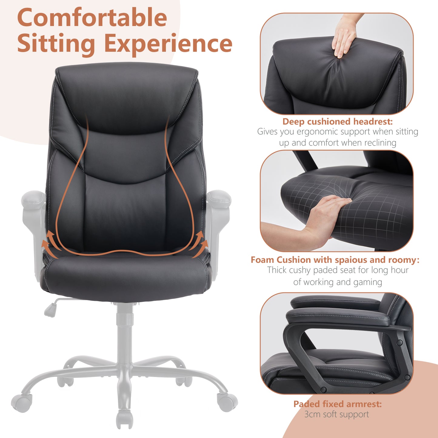 Sweetcrispy Home Office Chair Ergonomic PU Leather Desk Chair with Armrests