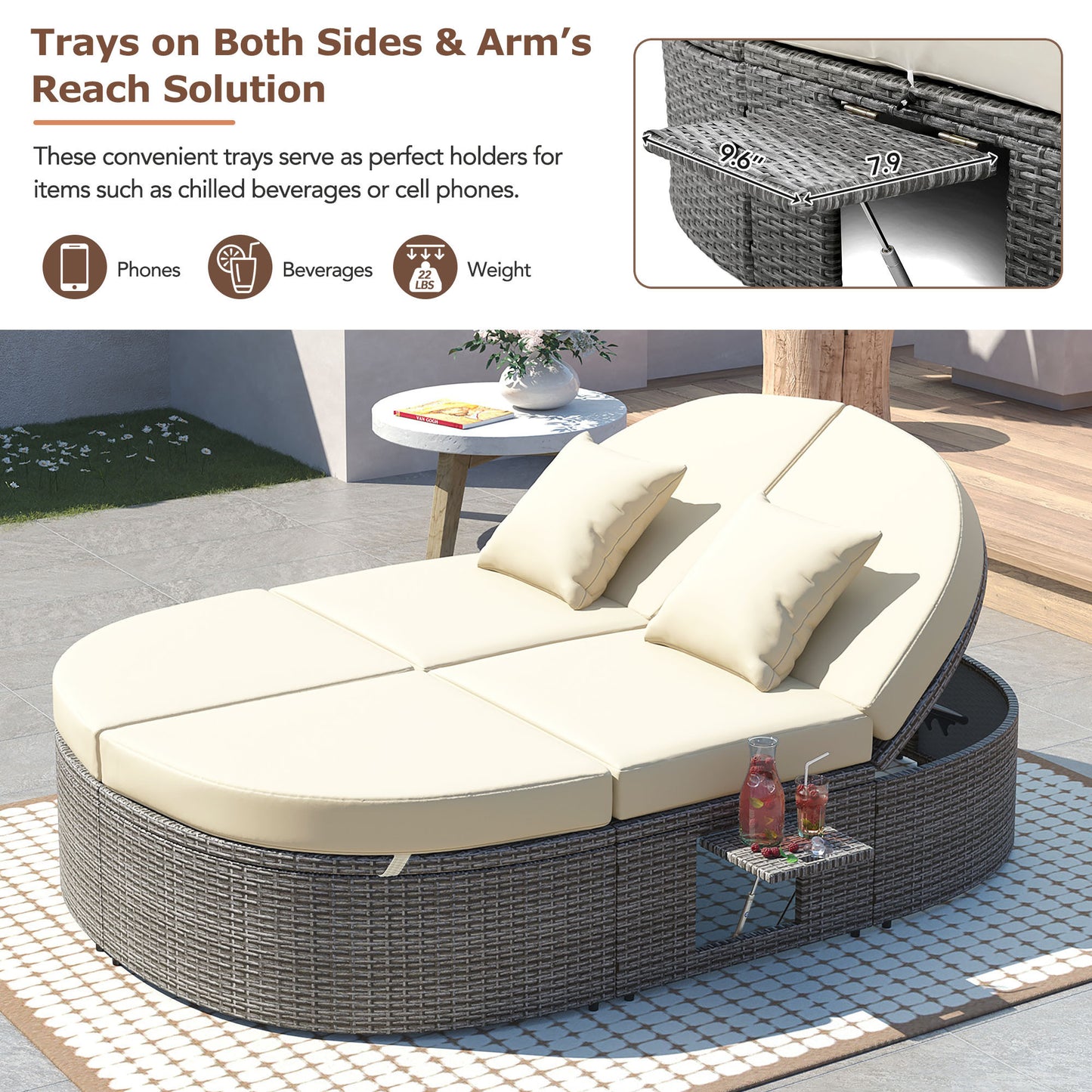 TOPMAX Outdoor Sun Bed Patio 2-Person Daybed with Cushions and Pillows, Rattan Garden Reclining Chaise Lounge with Adjustable Backrests and Foldable Cup Trays for Lawn, Poolside, Beige