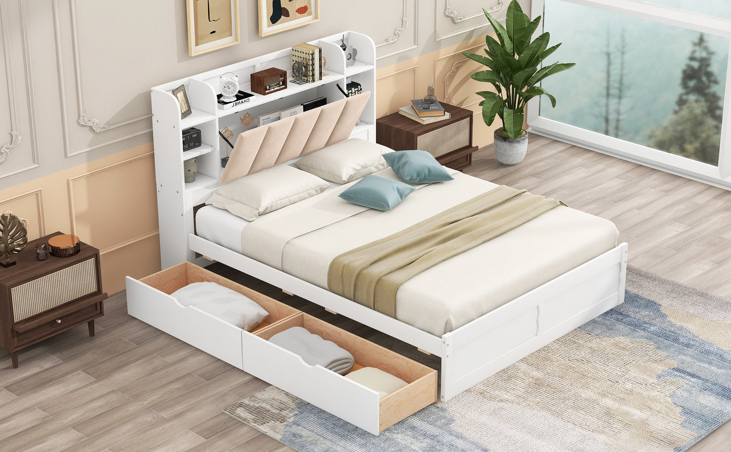 Wood Queen Size Platform Bed with Storage Headboard, Shelves and 2 Drawers, White