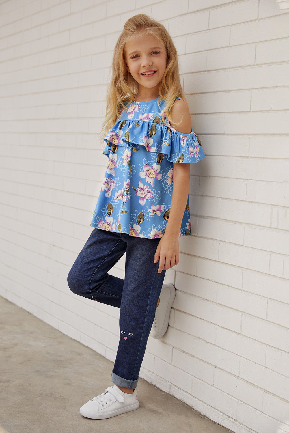 girls-floral-cold-shoulder-ruffled-top