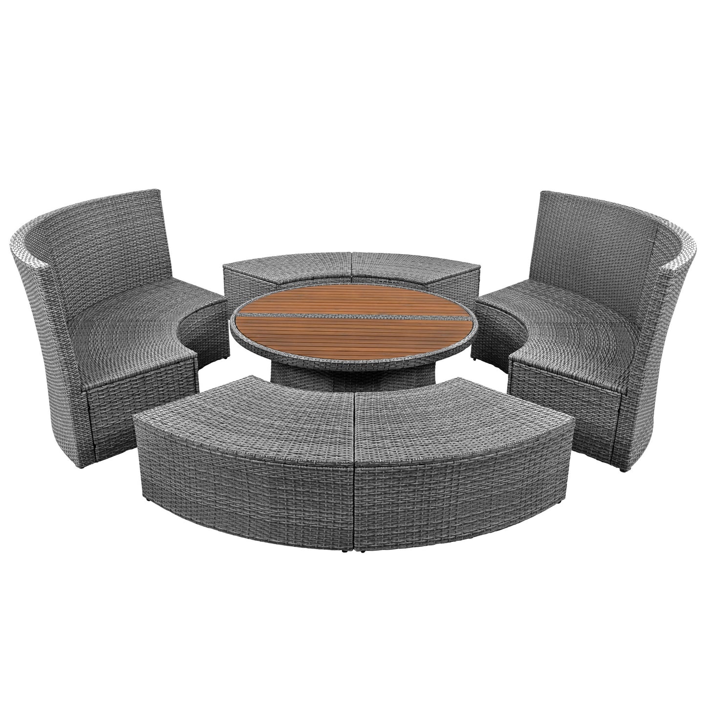 TOPMAX Patio 5-Piece Round Rattan Sectional Sofa Set All-Weather PE Wicker Sunbed Daybed with Round Liftable Table and Washable Cushions for Outdoor Backyard Poolside, Beige