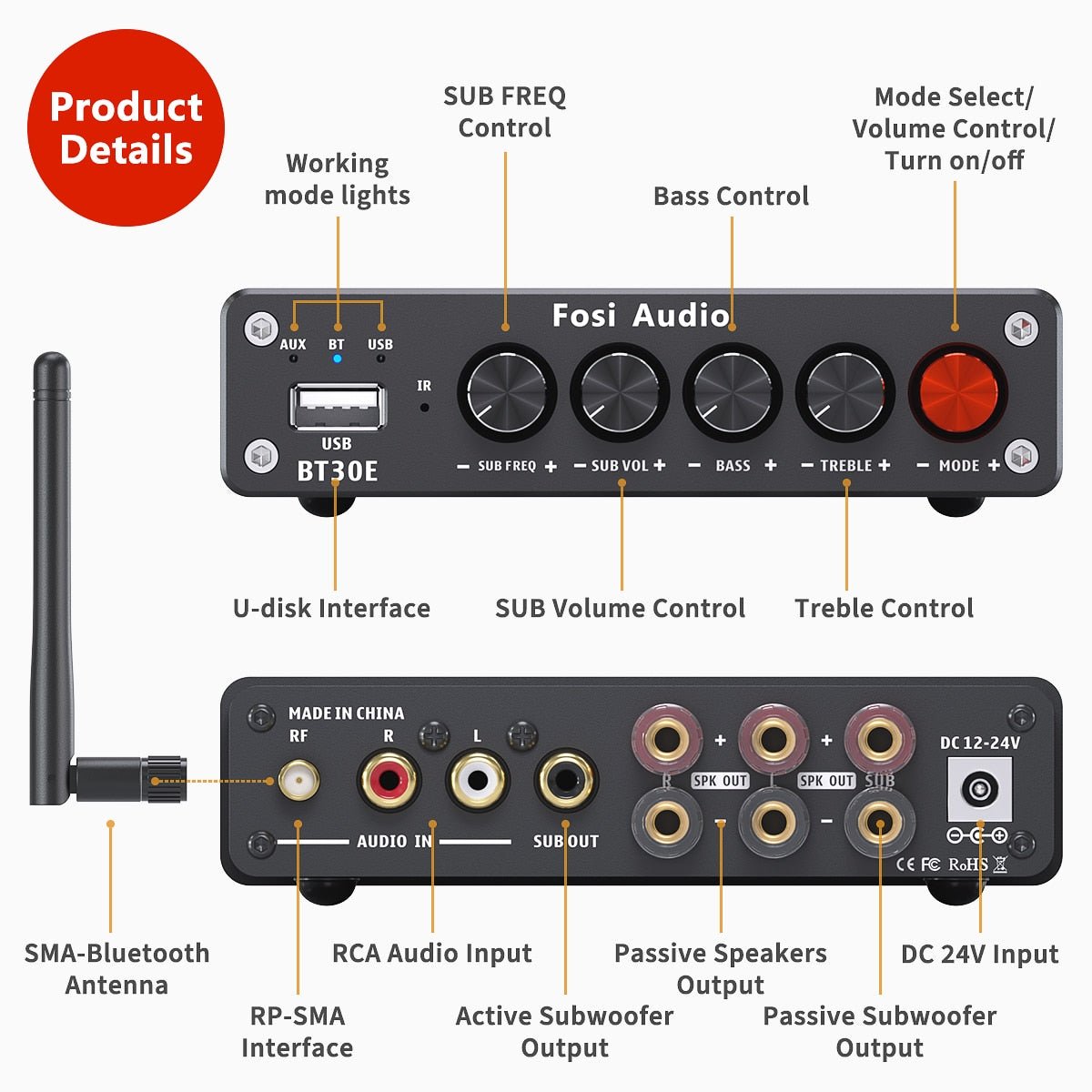 Bluetooth 5.0 Sound Power Amplifier 2.1 Channel Integrated Amp & U-Disk Player Home Audio Subwoofer 100W-4