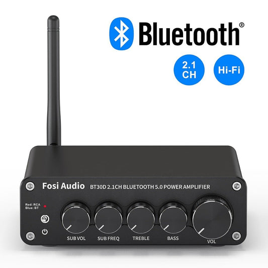 Bluetooth Sound Power Amplifier 2.1 Channel Bass & Treble Control Amp Audio Subwoofer 100W + 50W x2-0