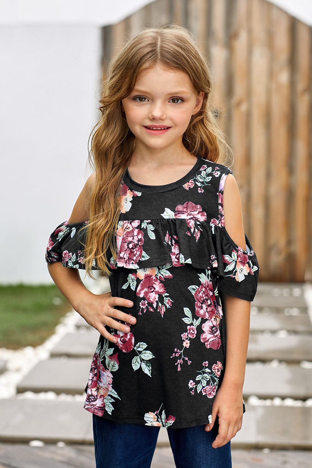 girls-floral-cold-shoulder-ruffled-top