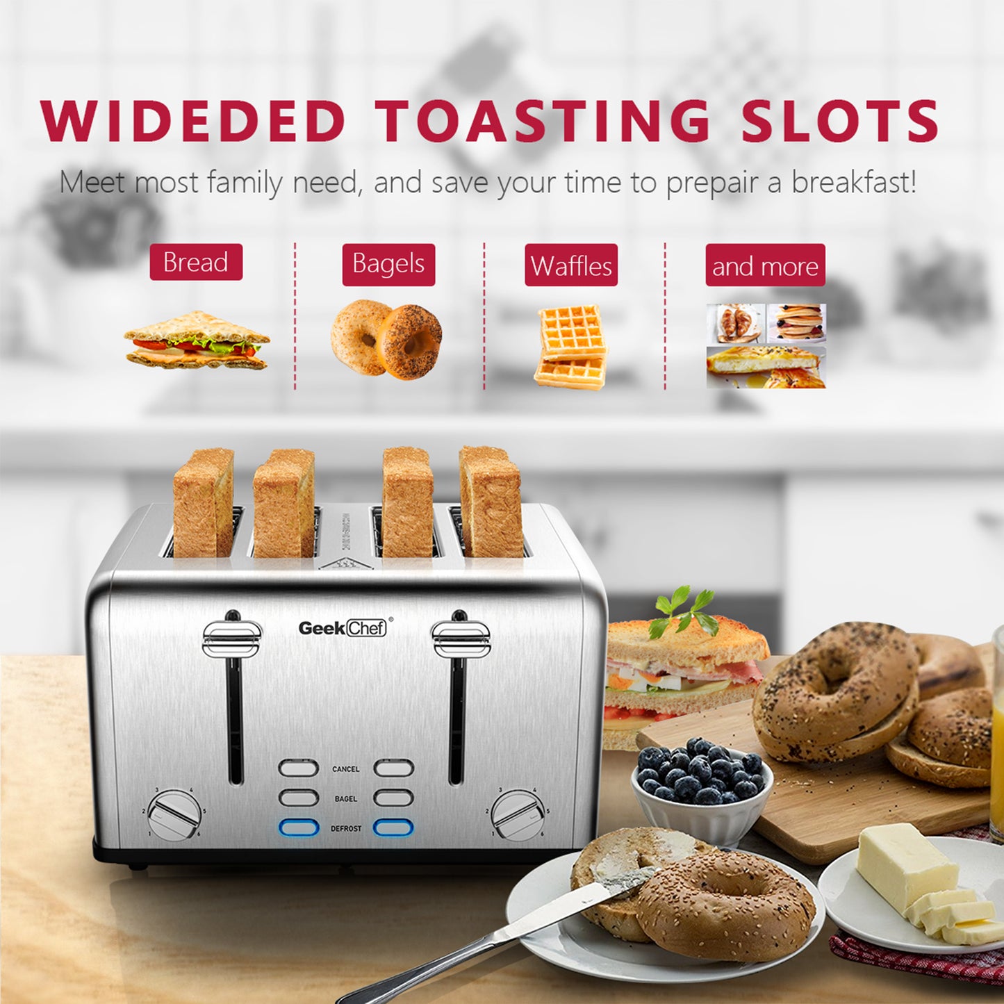 Toaster 4 Slice, Geek Chef Stainless Steel Extra-Wide Slot Toaster with Dual Control Panels of Bagel/Defrost/Cancel Function, 6 Toasting Bread Shade Settings, Removable Crumb Trays Ban on Amazon