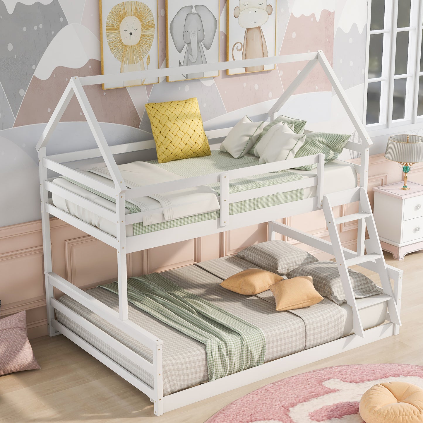 Twin over Full House Bunk Bed with Built-in Ladder,White