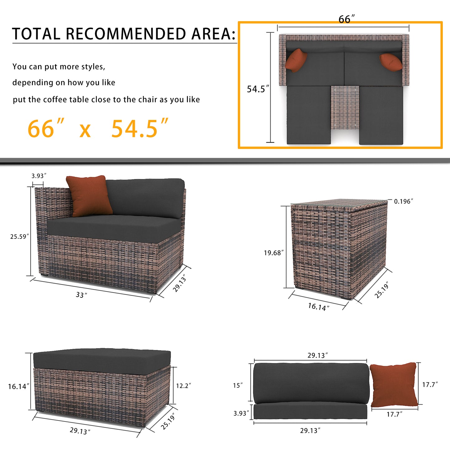 Updated 5 Pieces Outdoor Patio Garden Brown Wicker Sectional Conversation Sofa Set with Black Cushions and Red Pillows,w/ Furniture Protection Cover