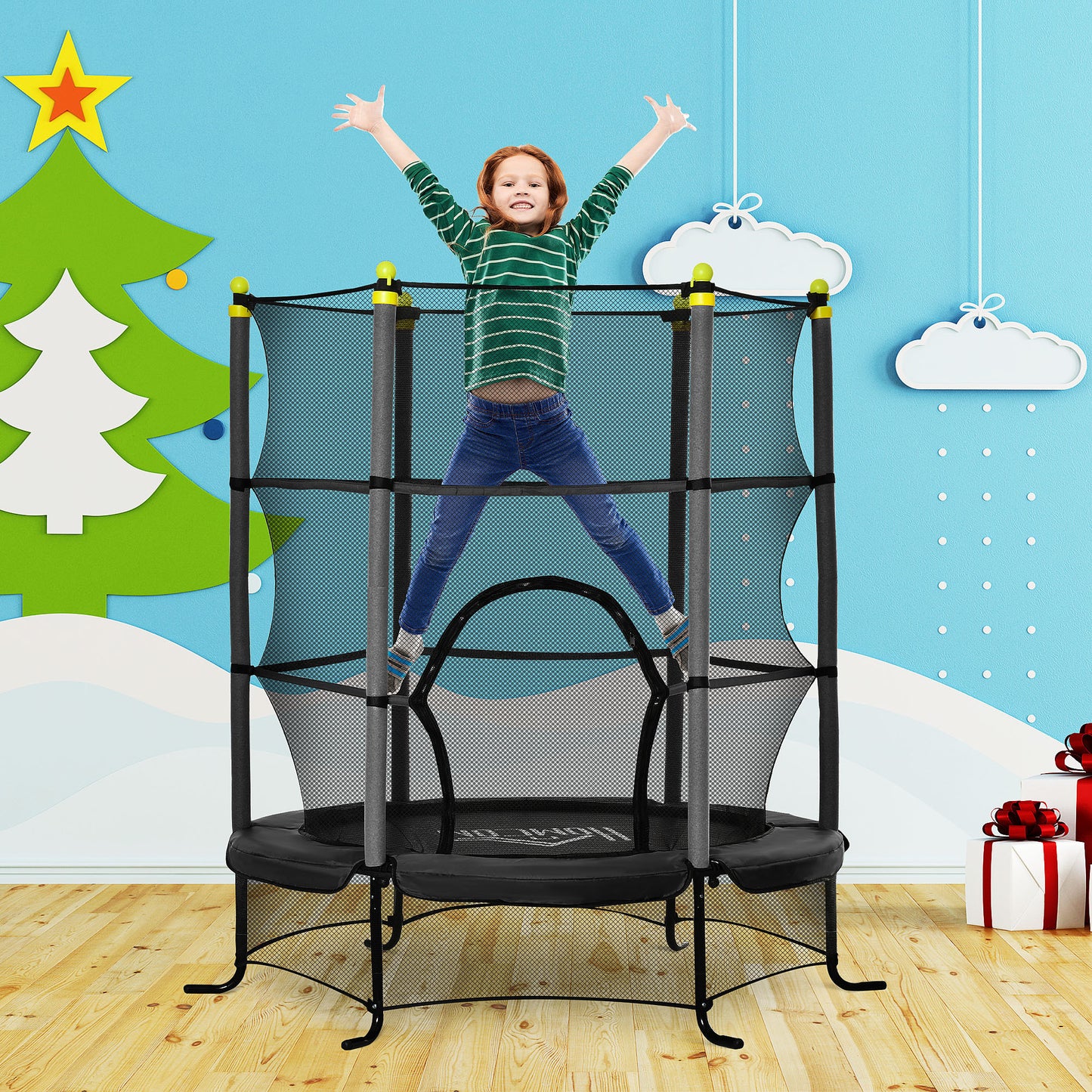 Soozier 5.3' Kids Trampoline, 64" Indoor Trampoline for Kids with Safety Enclosure for 3-10 Year Olds, Indoor & Outdoor Use, Black