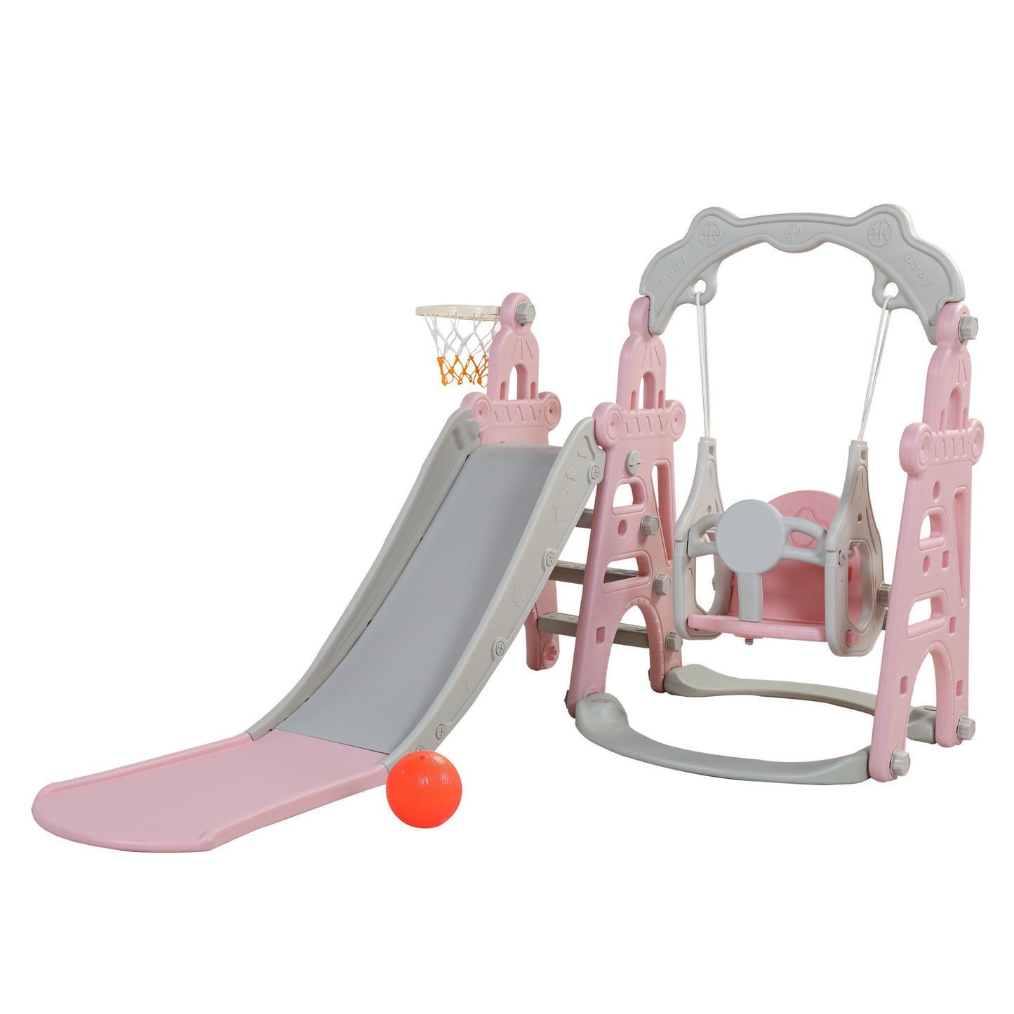 Kids Swing and Slide Set 3-in-1 Slide with Basketball Hoop for Indoor and Outdoor Activity Center, Pink+Gray