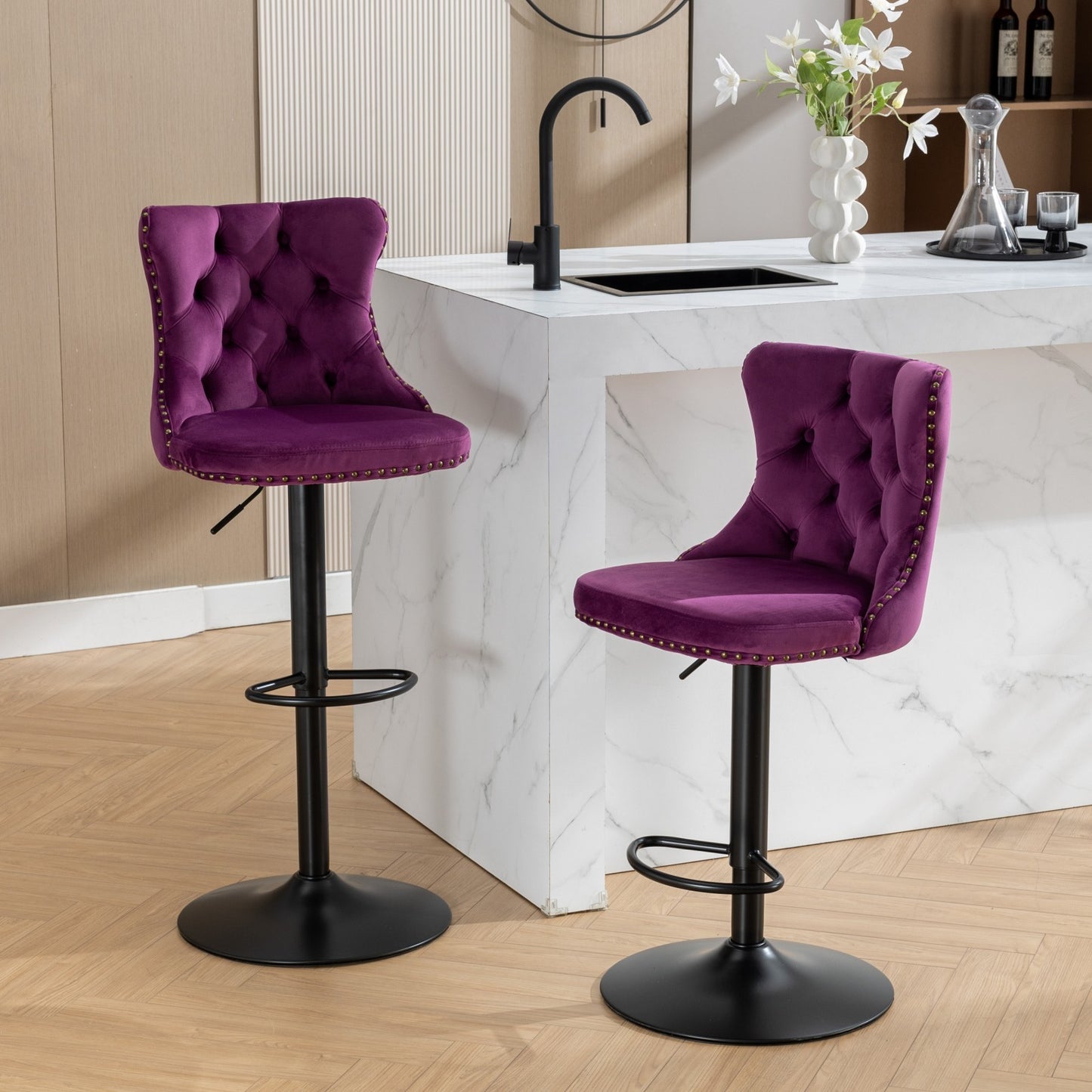 Swivel Velvet Barstools Adjusatble Seat Height from 25-33 Inch,17.7inch base, Modern Upholstered Bar Stools with Backs Comfortable Tufted for Home Pub and Kitchen Island,Purple,Set of 2,SW1812PP