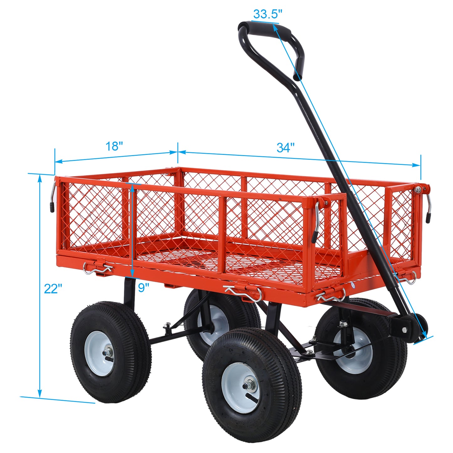 Steel Garden Cart, Steel Mesh Removable Sides, 3 cu ft, 550 lb Capacity, red