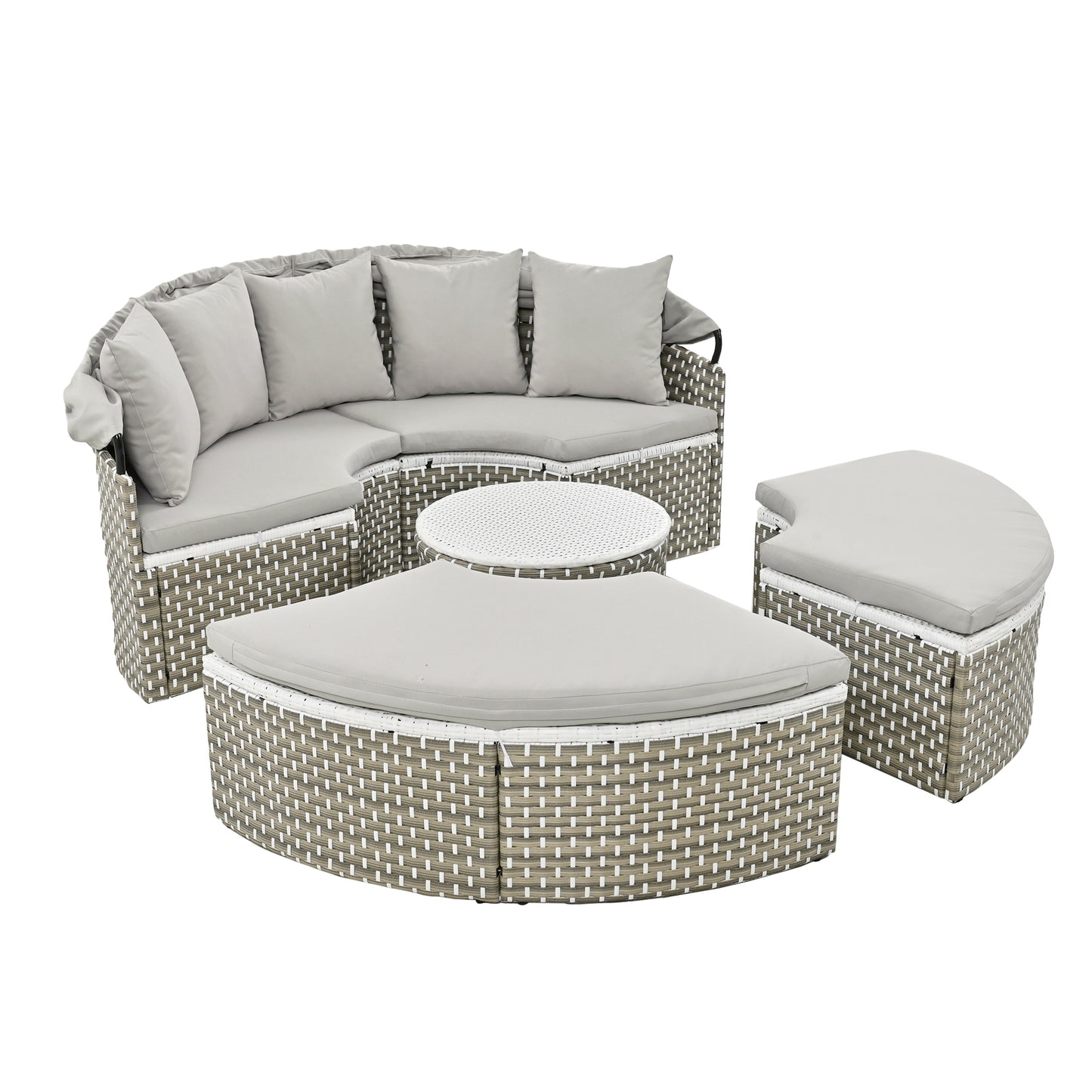 TOPMAX Patio Furniture Round Outdoor Sectional Sofa Set Rattan Daybed Two-Tone Weave Sunbed with Retractable Canopy, Separate Seating and Removable Cushion, Gray