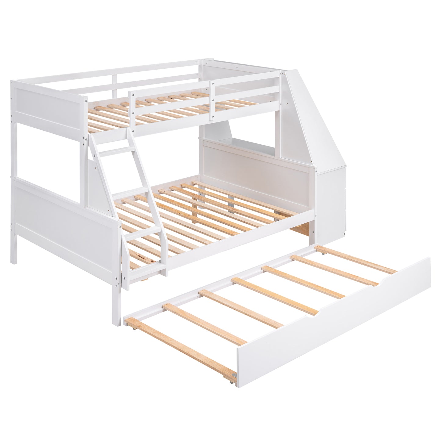 Twin over Full Bunk Bed with Trundle and Built-in Desk, Three Storage Drawers and Shelf,White