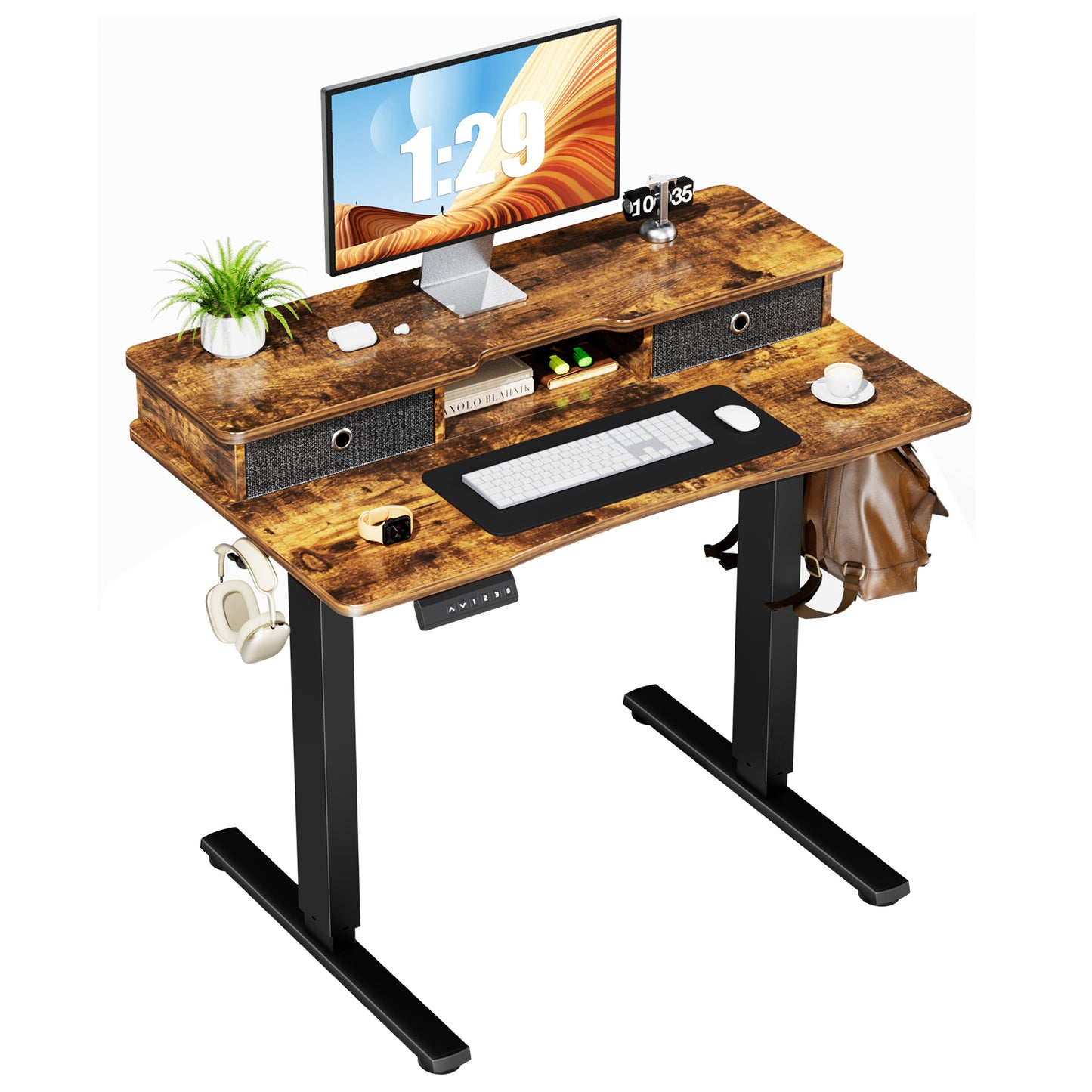 Sweetcrispy Home Office Height Adjustable Electric Standing Desk with Storage Shelf Double Drawer