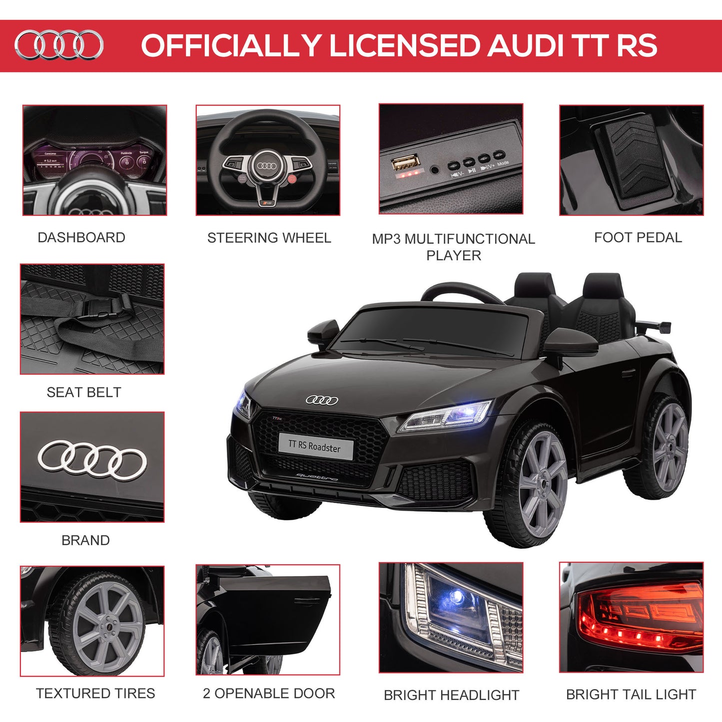 Aosom 6V Kids Electric Ride On Car, Licensed Audi TT RS with Suspension System and Remote Control, Horn, 5 Songs, Lights, MP3 Player - Black