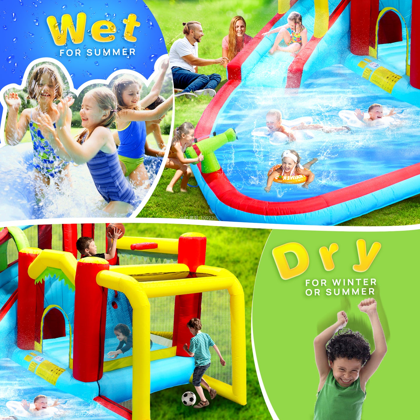 7 in1 Inflatable slide water park bouncing house outdoor Soccer garden bouncer with Splash pool  & Water gun & Climbing wall & Basketball & Football