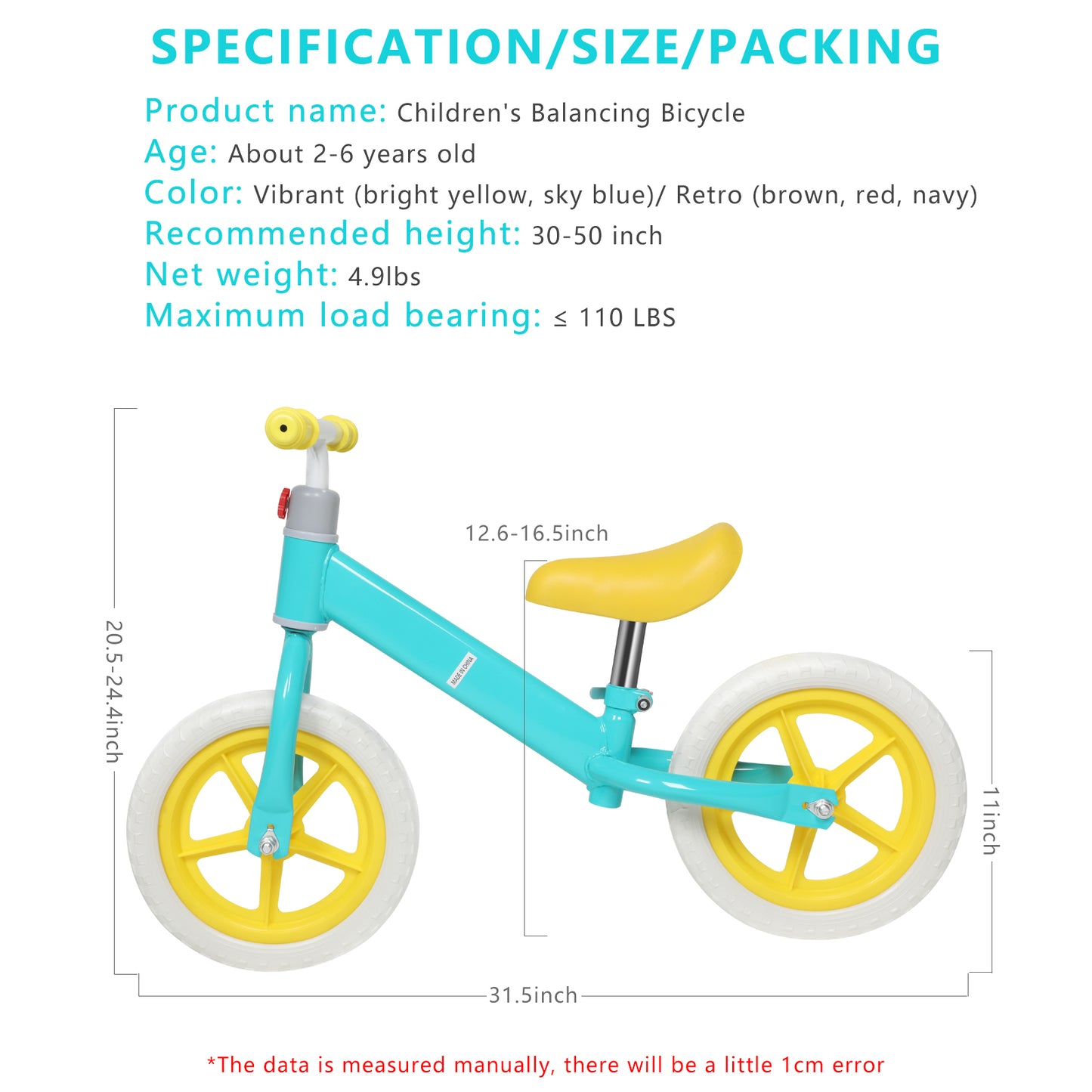 11inch Kids Balance Bike Adjustable Height Carbon Steel & PE Tires for 2-6 Years