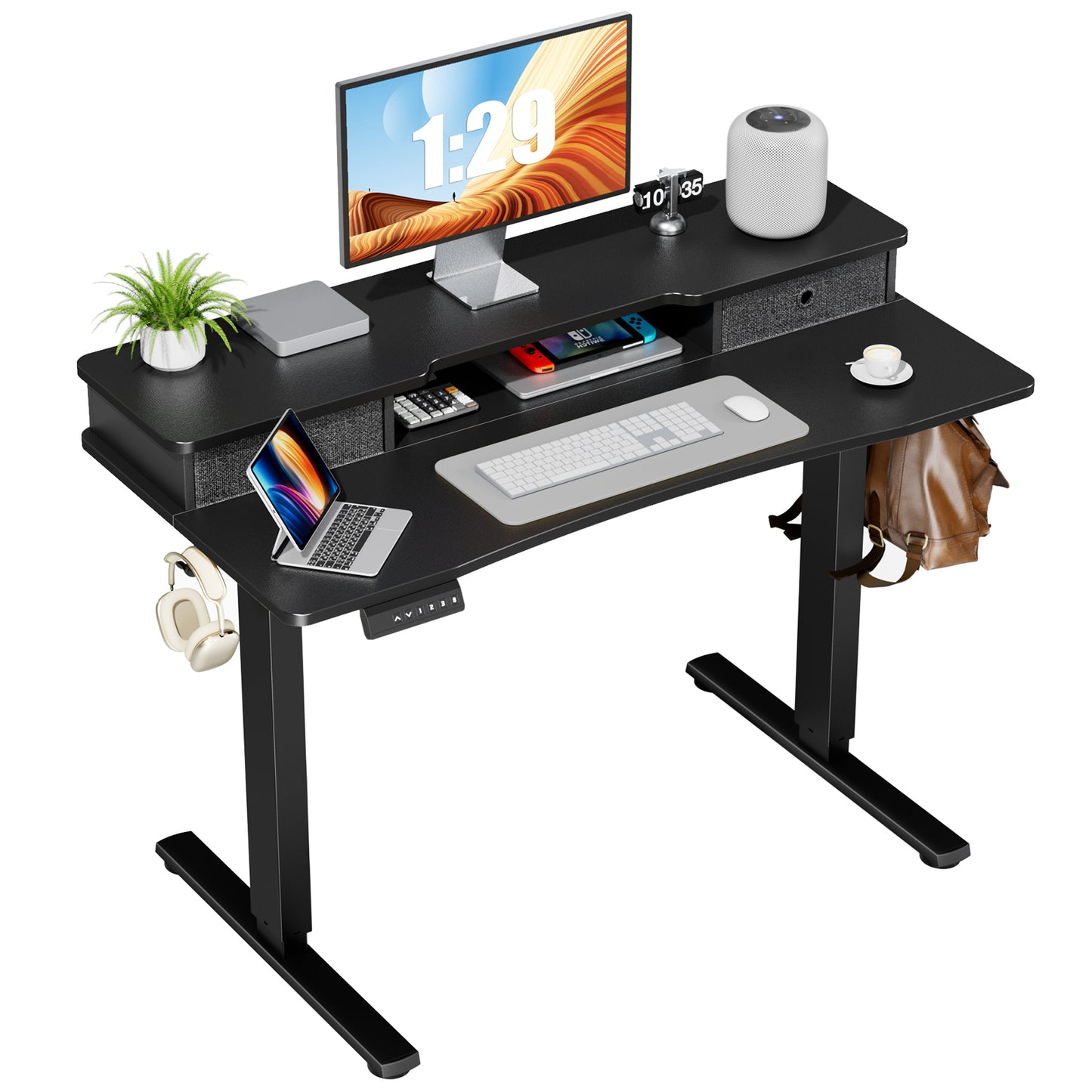 Sweetcrispy Home Office Height Adjustable Electric Standing Desk with Storage Shelf Double Drawer