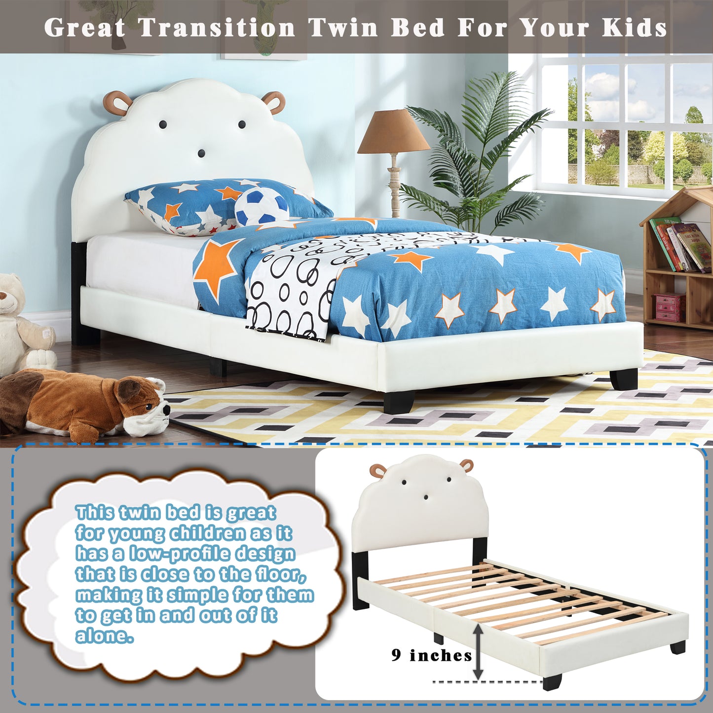 Upholstered Twin Size Platform Bed for Kids, with Slatted Bed Base, No Box Spring Needed, White color, Sheep Design