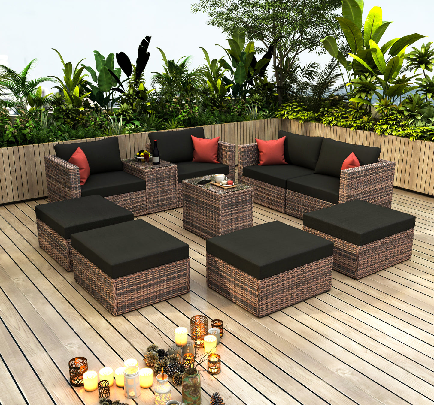 10 Pieces Outdoor Patio Garden Brown Wicker Sectional Conversation Sofa Set with Black Cushions and Red Pillows,w/ Furniture Protection Cover