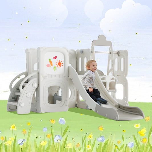 5 in 1 T
oddler Slide and Swing Set, Kids Playground Climber Slide Playset with Drawing Whiteboard, Freestanding Combination for Babies