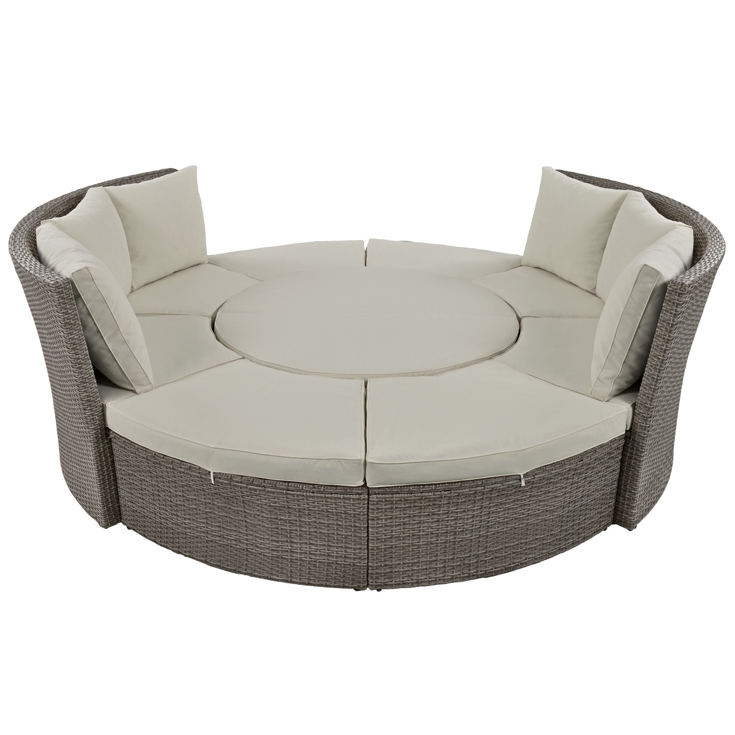 TOPMAX Patio 5-Piece Round Rattan Sectional Sofa Set All-Weather PE Wicker Sunbed Daybed with Round Liftable Table and Washable Cushions for Outdoor Backyard Poolside, Gray