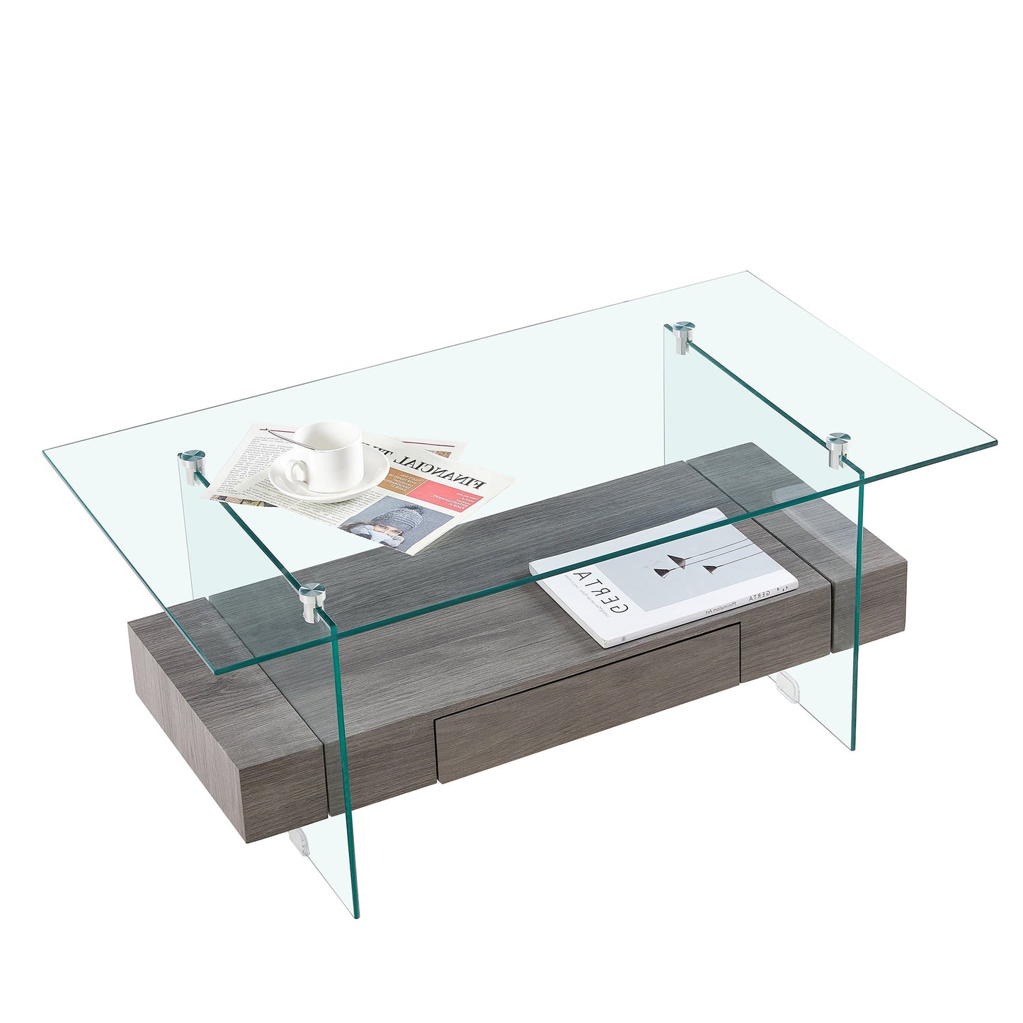 Tempered Glass Coffee Table With Dual Shelves-0