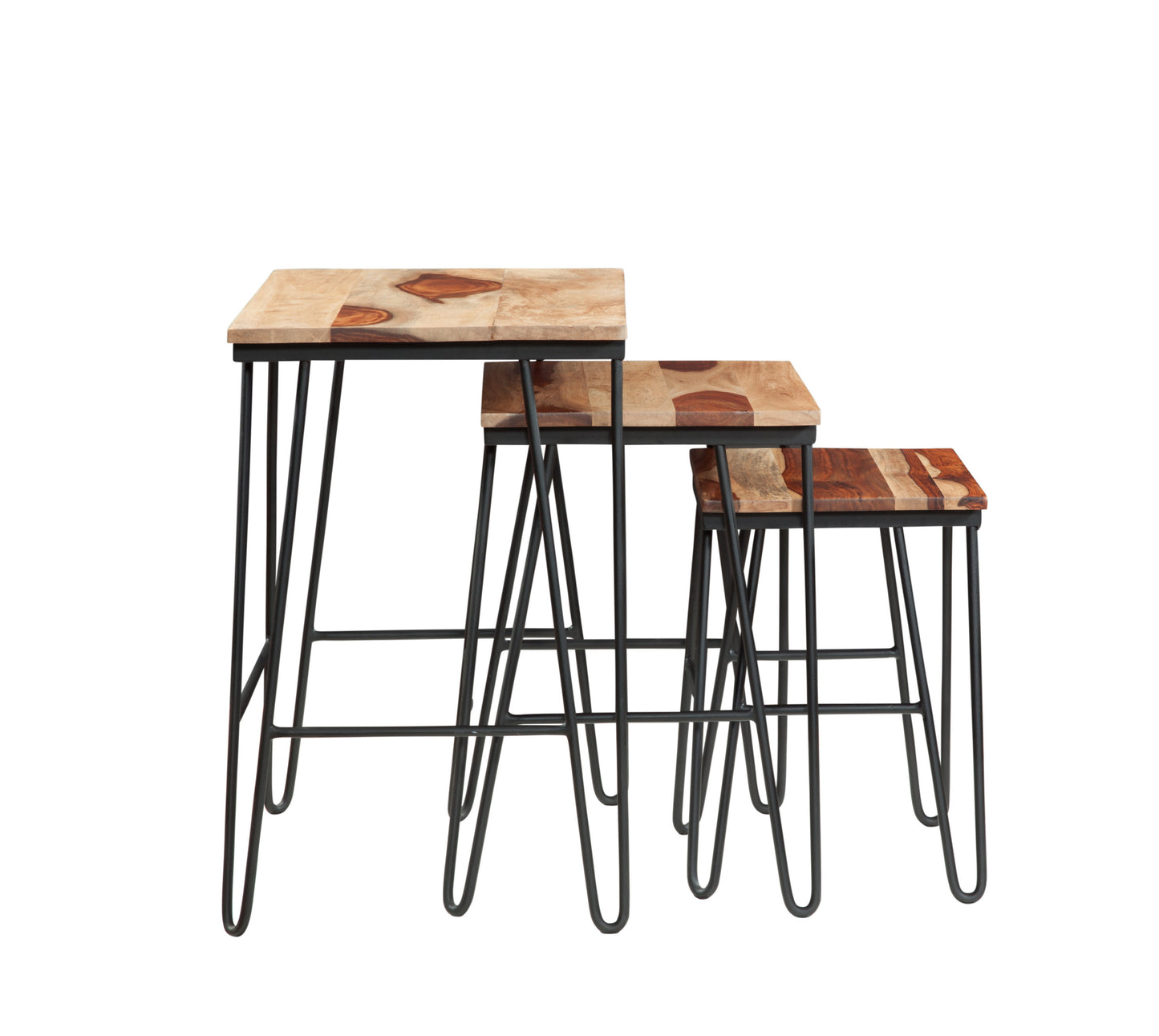 Natural Sheesham Wood Nesting Tables - Two-Tone Top, Iron Base - Varied Beauty, Ample Storage Space