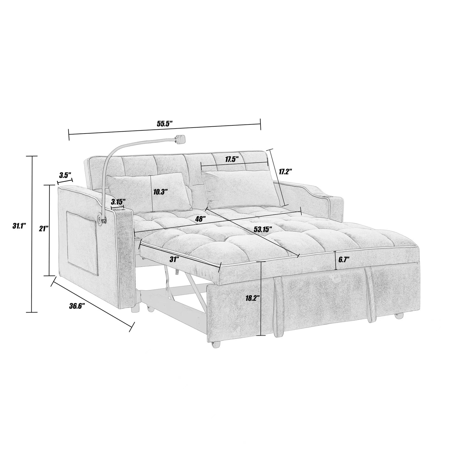 55.51 inch versatile foldable sofa bed in 3 lengths, modern sofa sofa sofa velvet pull-out bed, adjustable back and with USB port and ashtray and swivel phone stand (Beige)