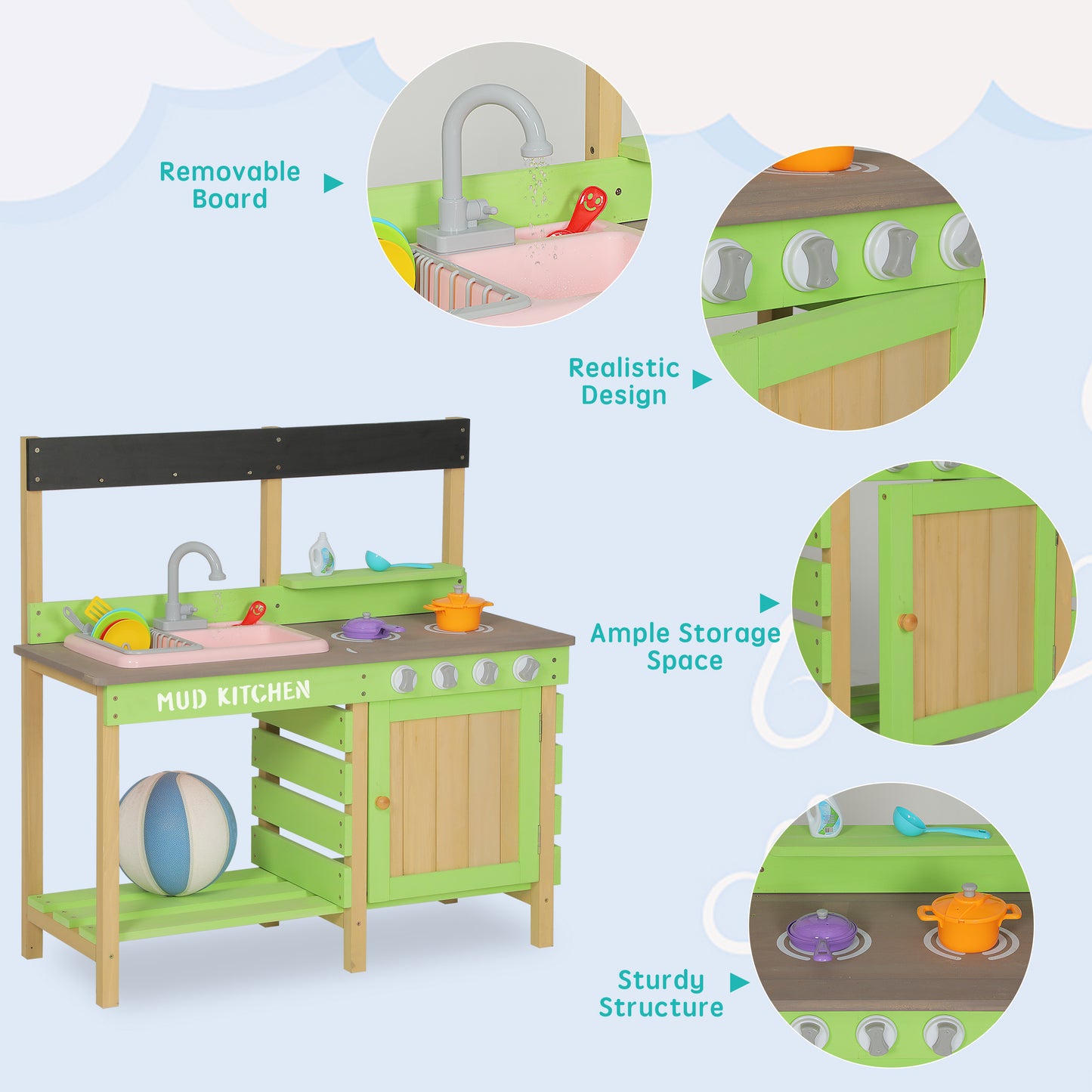 Wooden Kids Kitchen Playset, Indoor Outdoor Pretend Mud Kitchen Set for Toddler, Play Kitchen Toy