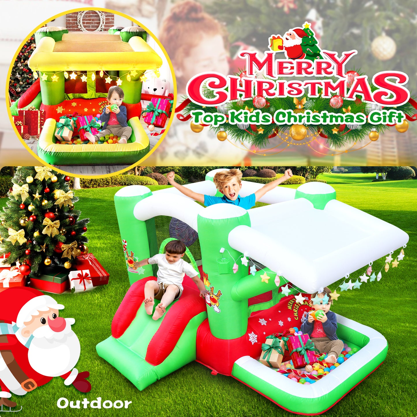 Christmas Jump 'n Slide Inflatable Bouncer for Kids Complete Setup with Blower - 80" x 91" Play Area - 55" Tall