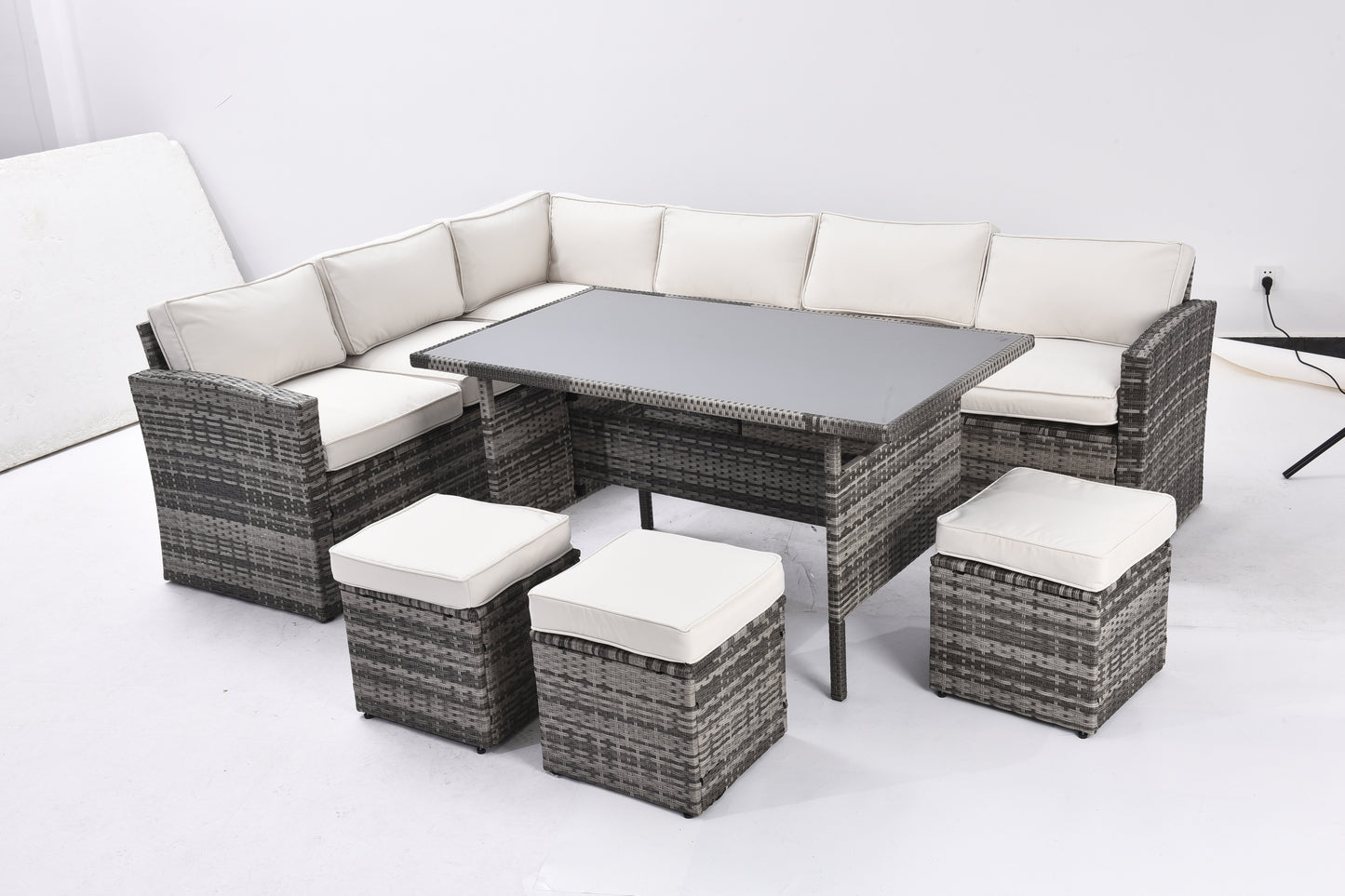 Outdoor Patio Furniture Set,7 Pieces Outdoor Sectional Conversation Sofa with Dining Table,Chairs and Ottomans,All Weather PE Rattan and Steel Frame,With Backrest and Removable Cushions(Grey+Beige)