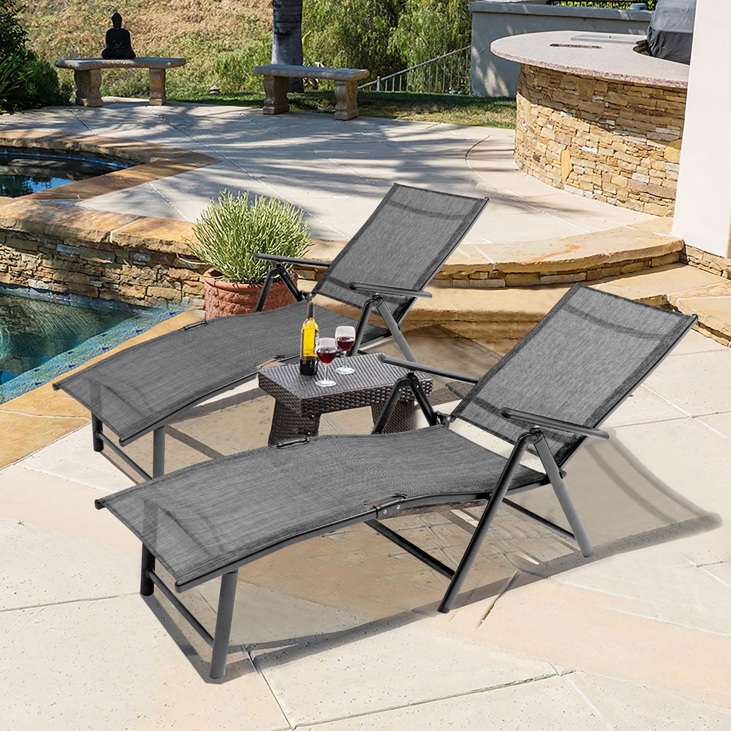 Textilene Outdoor Lounge Chaise Folding Reclining Chair with Adjustable Back1 piece