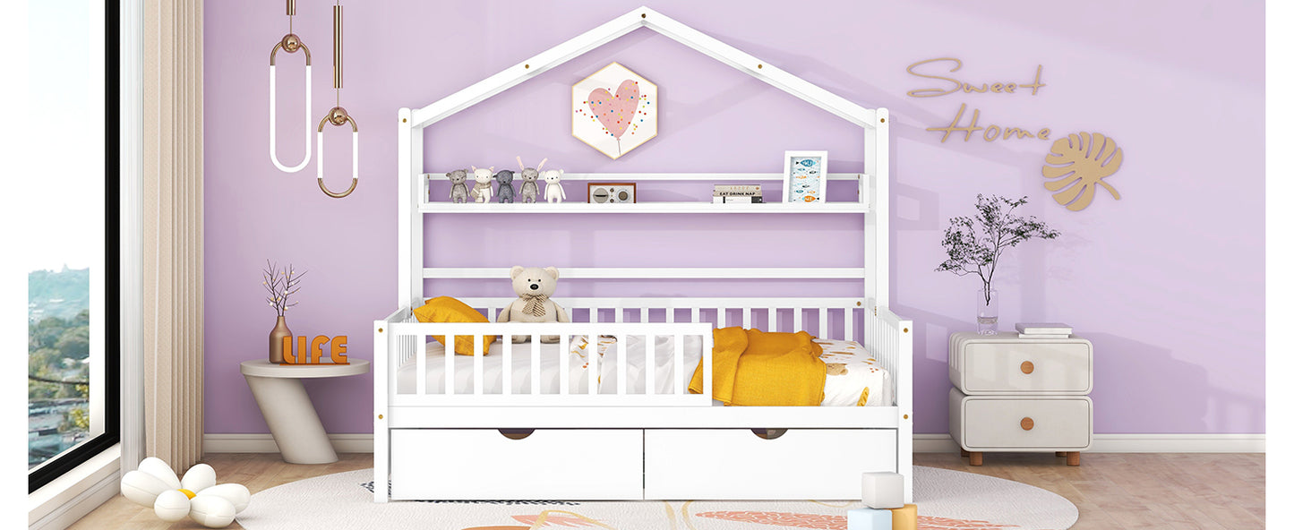 Wooden Full Size House Bed with 2 Drawers,Kids Bed with Storage Shelf, White