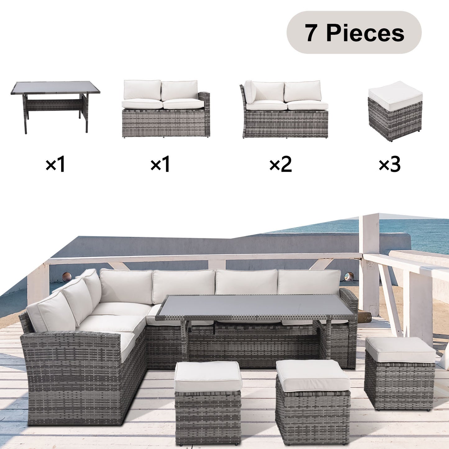 Outdoor Patio Furniture Set,7 Pieces Outdoor Sectional Conversation Sofa with Dining Table,Chairs and Ottomans,All Weather PE Rattan and Steel Frame,With Backrest and Removable Cushions(Grey+Beige)