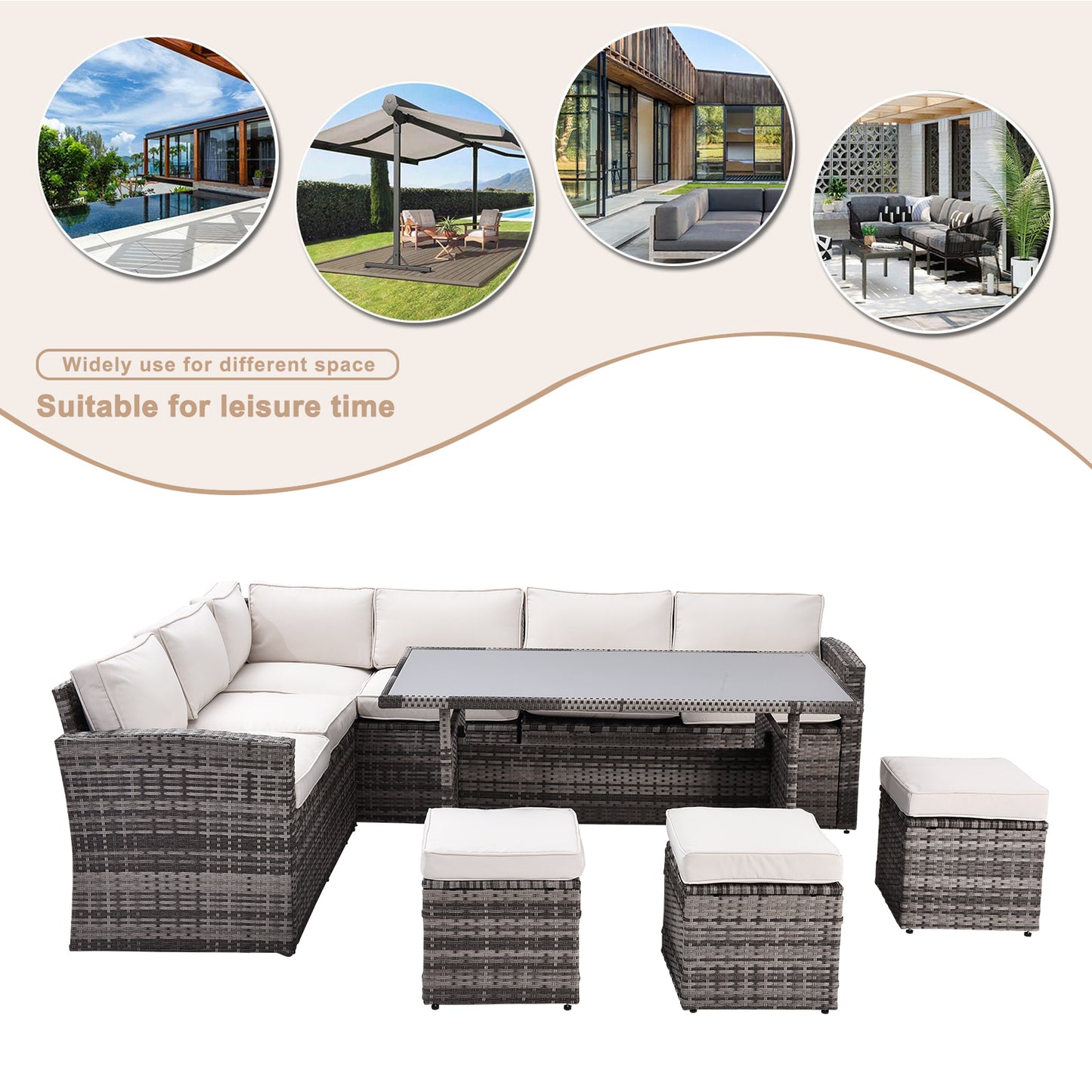 Outdoor Patio Furniture Set,7 Pieces Outdoor Sectional Conversation Sofa with Dining Table,Chairs and Ottomans,All Weather PE Rattan and Steel Frame,With Backrest and Removable Cushions(Grey+Beige)