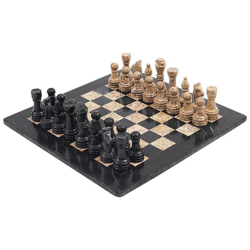 Black and Fossil Coral 15 Inches Premium Quality Marble Chess Set (With Storage Box)-2