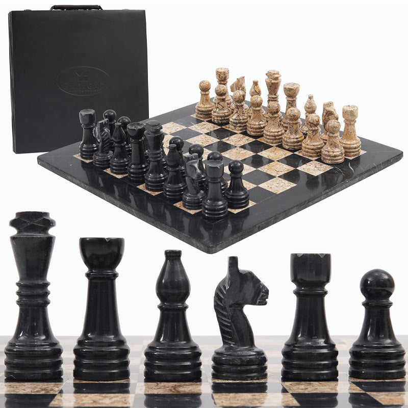 Black and Fossil Coral 15 Inches Premium Quality Marble Chess Set (With Storage Box)-1