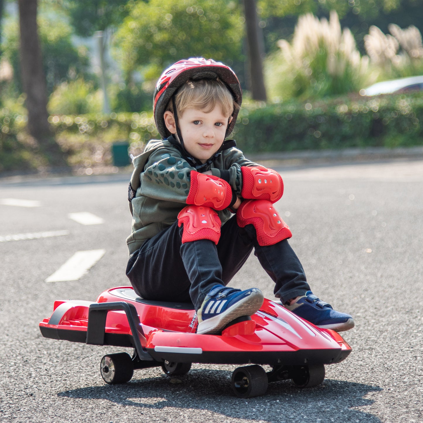 24V Kids Ride On Electric scooter w/ helmet knee pads,24v ride on toy for kids,Spray function,200w motor,5.59-6.84MPH,Gravity Steering,Bluetooth,Use for 1-2 hours,Exercise your child age 6+.