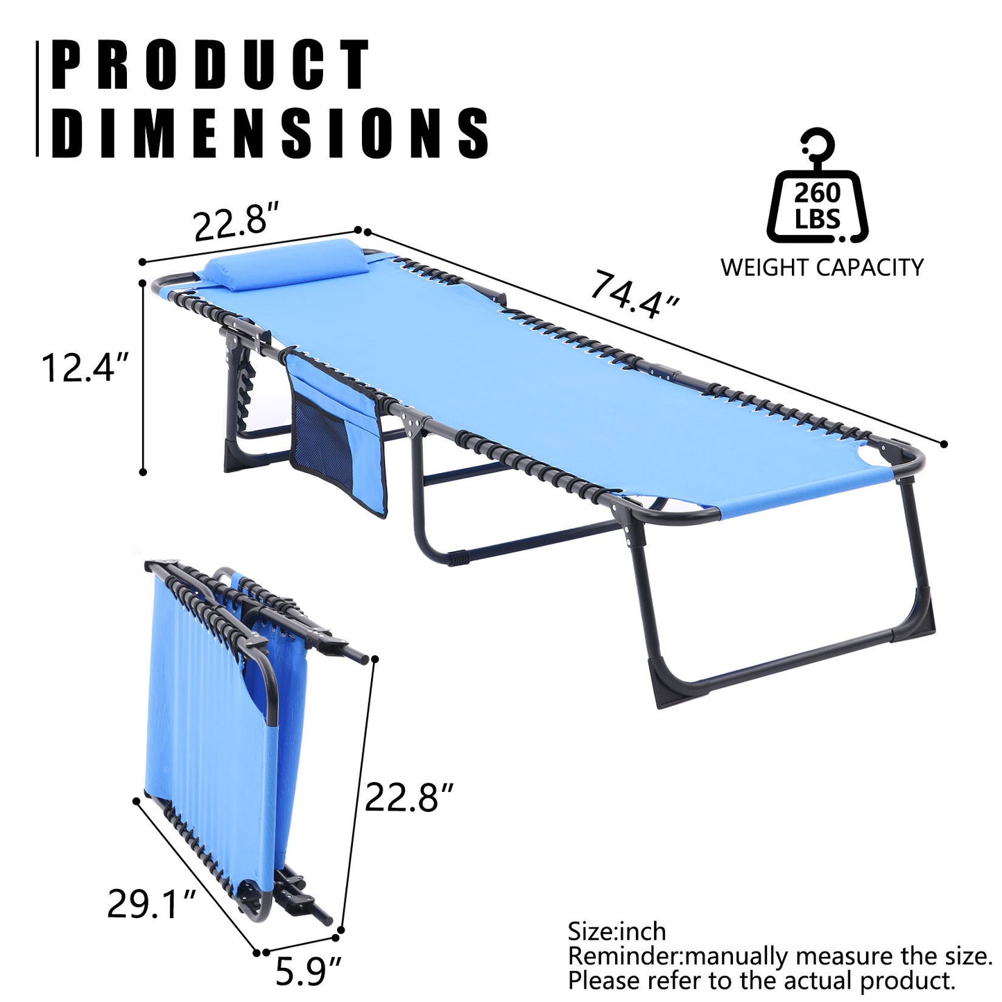 Folding Textilene Waterproof Patio Chaise Lounge Chair,Outdoor Adjustable and Reclining Tanning Chair with Pillow and Side Pocket for Lawn,Beach,Pool,Portable Camping and Sunbathing(2 Pieces,Blue)