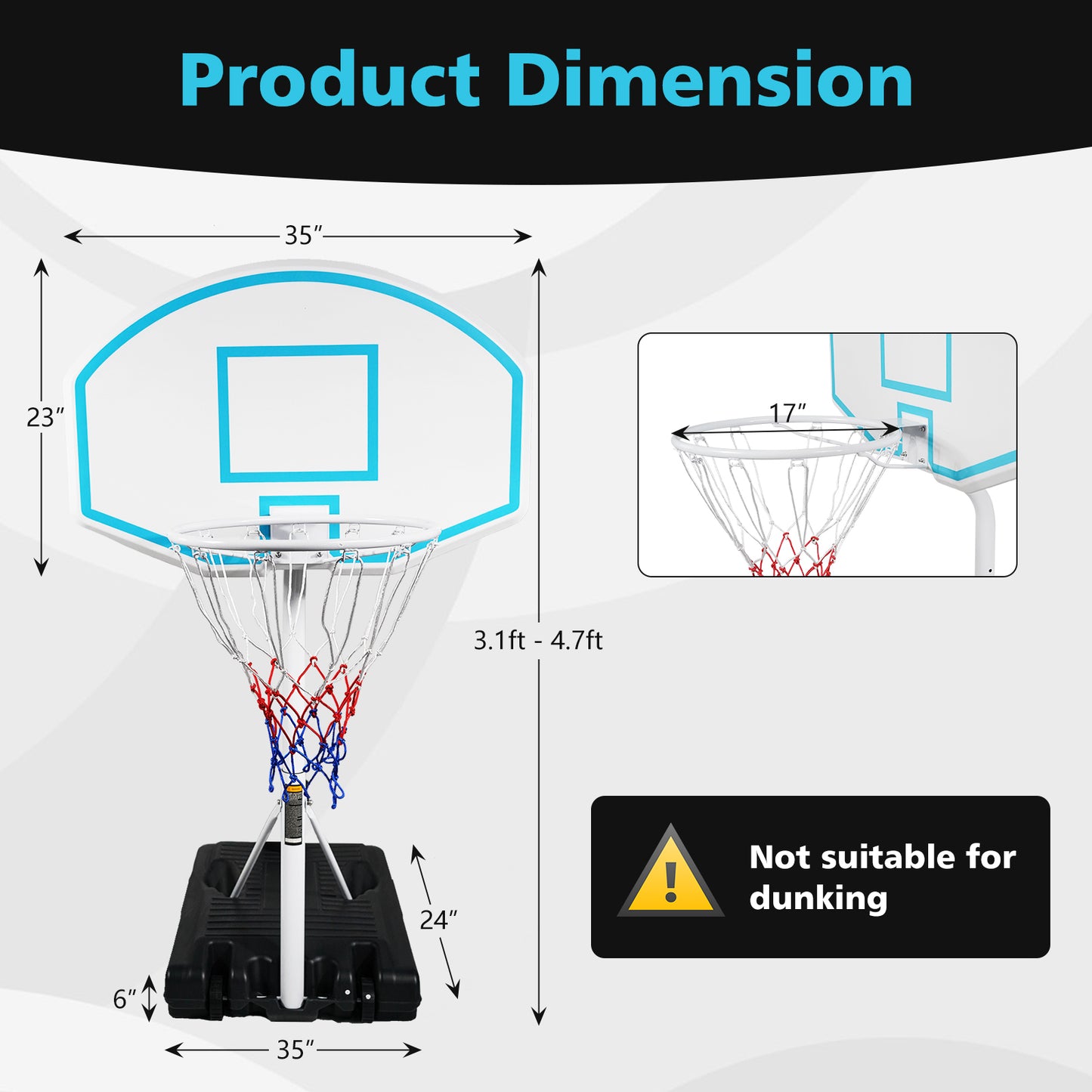 Poolside Basketball Hoop Portable Swimming Pool Basketball System Height Adjustable 3.1ft-4.7ft with 36" Backboard for Indoor Outdoor Use Blue