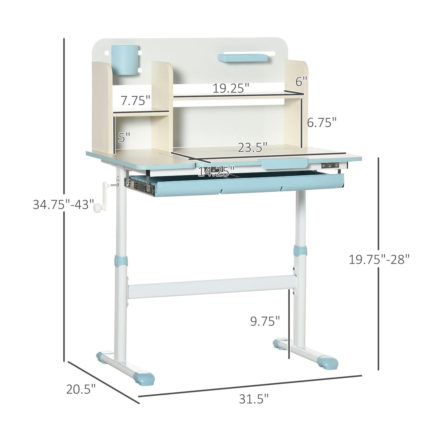 Wooden Kids Study Desk, Height Adjustable Children School Study Table, Student Writing Desk with Tilt Desktop, Drawer, Storage Shelf, Pen Holder, Blue