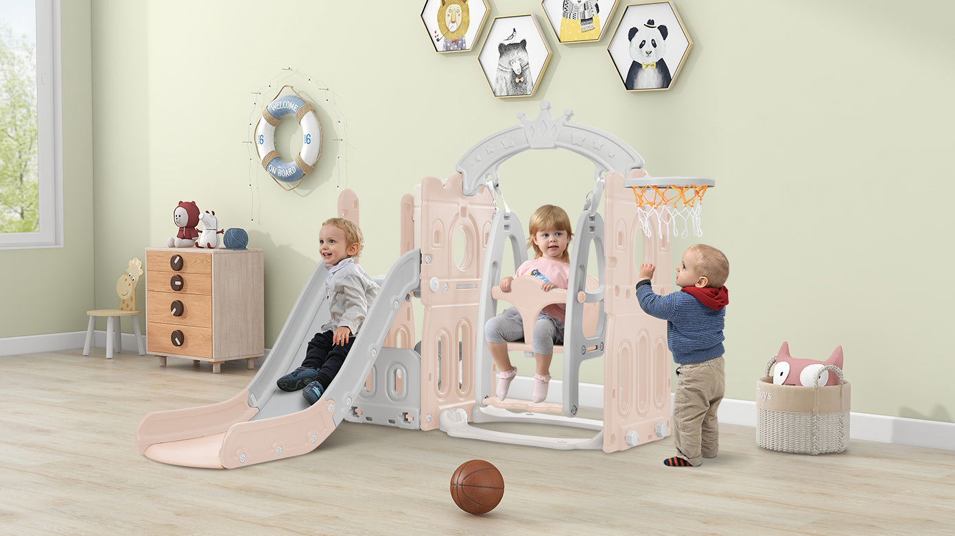 Toddler Slide and Swing Set 5 in 1, Kids Playground Climber Slide Playset with Basketball Hoop Freestanding Combination for Babies Indoor & Outdoor