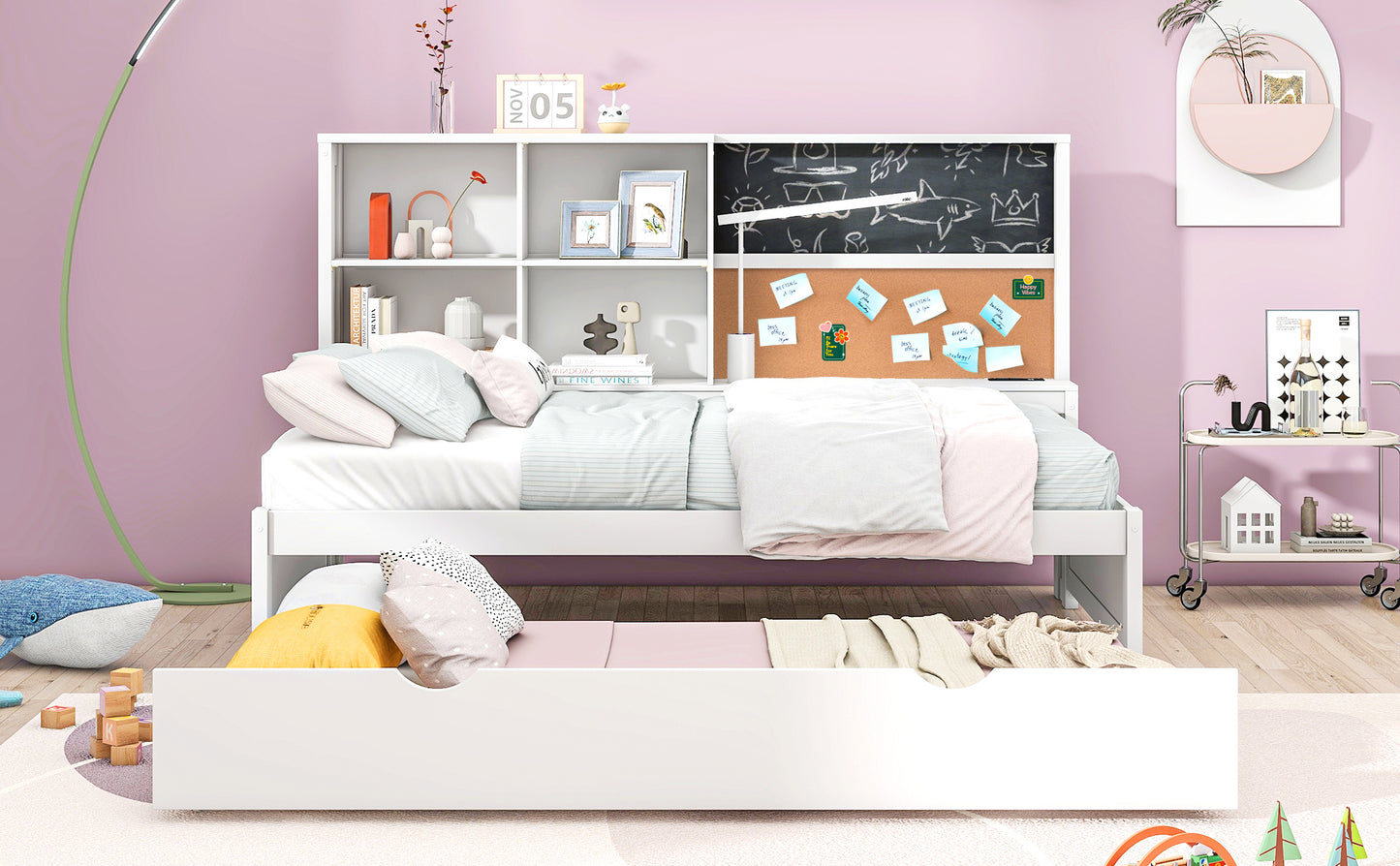 Twin Size Daybed with Storage Shelves, Blackboard, Cork board, USB Ports and Twin Size Trundle, White