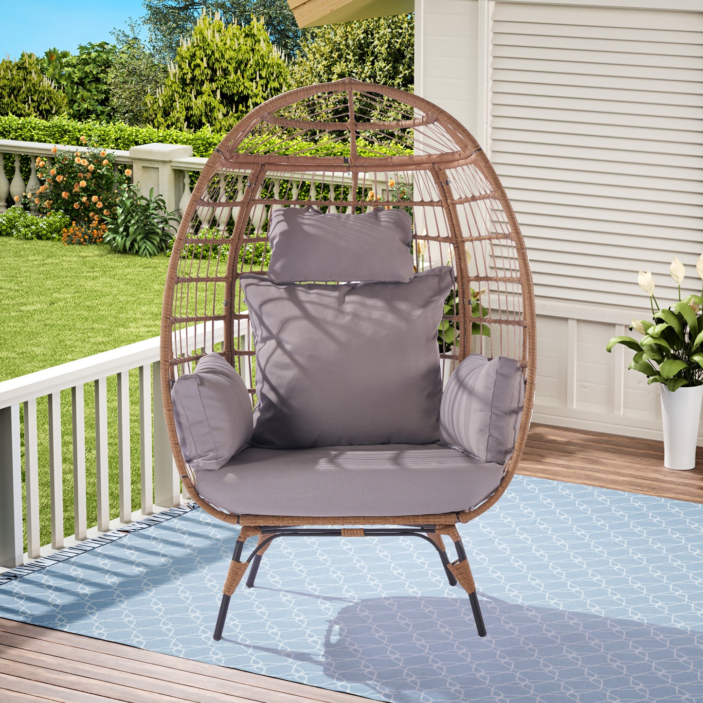 Wicker Egg Chair, Oversized Indoor Outdoor Lounger for Patio, Backyard, Living Room w/ 5 Cushions, Steel Frame, - Light Grey